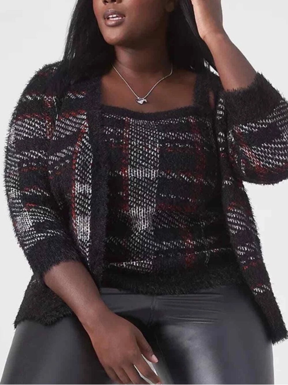 Lane Bryant 18 20 Cozy Plaid Button Front Sweater Cardigan w/ Matching Tank Top